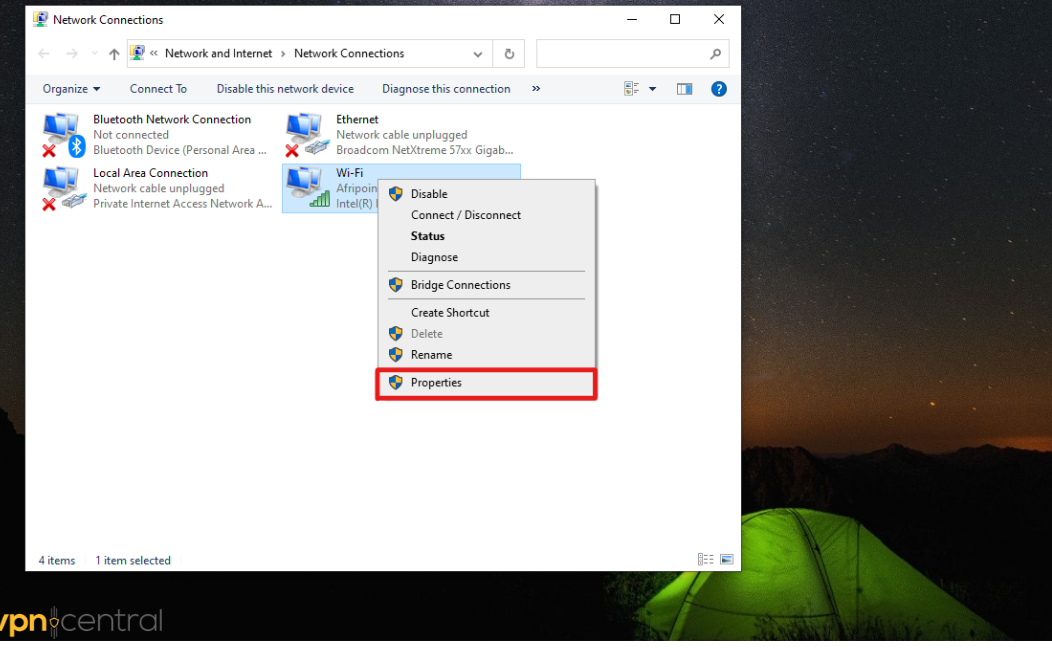 Click Properties to Change DNS