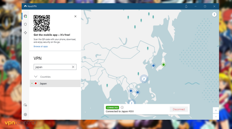 NordVPN connected to Japan