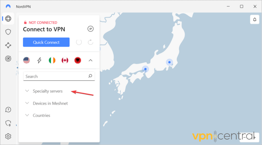 nordvpn specialty servers menu in UI