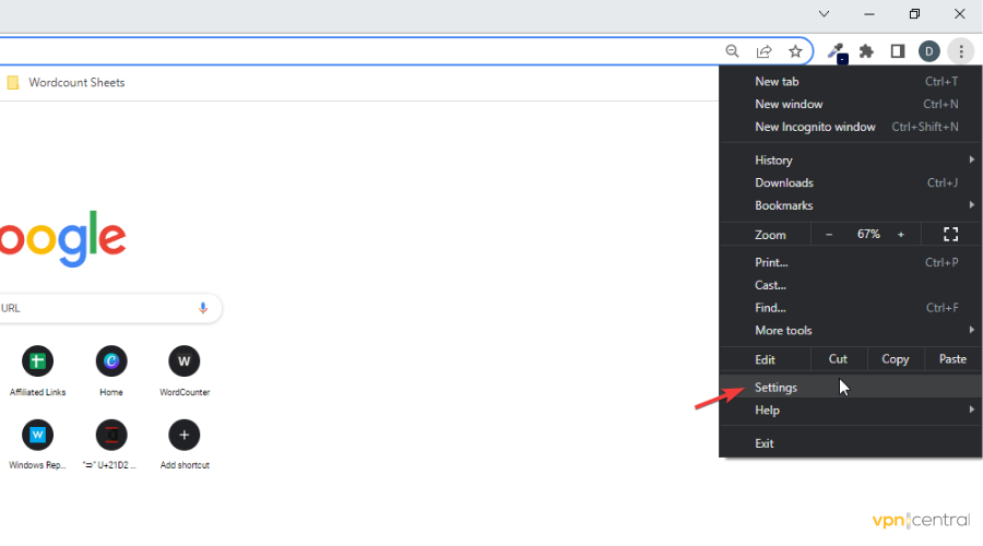 Chrome menu settings