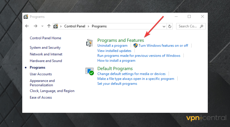 Windows program and features