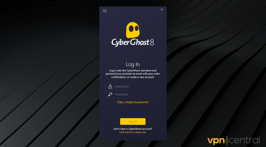 cyberghost log in window on pc
