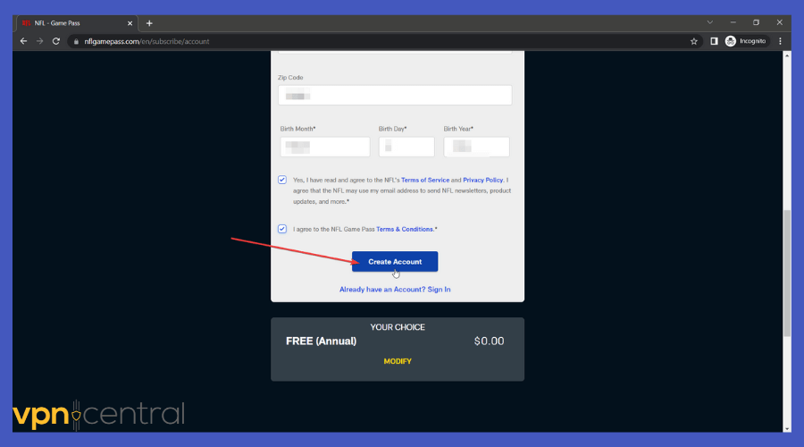 create nfl game pass acount