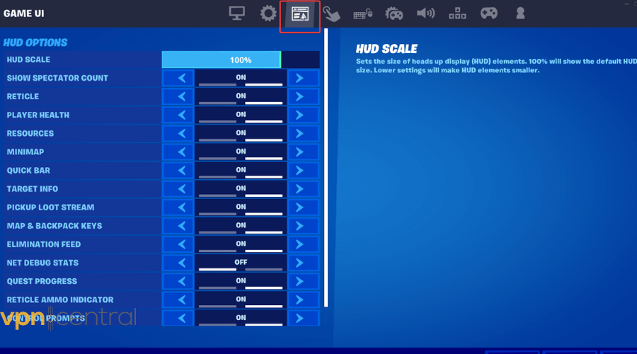 hud options submenu in fortnite settings