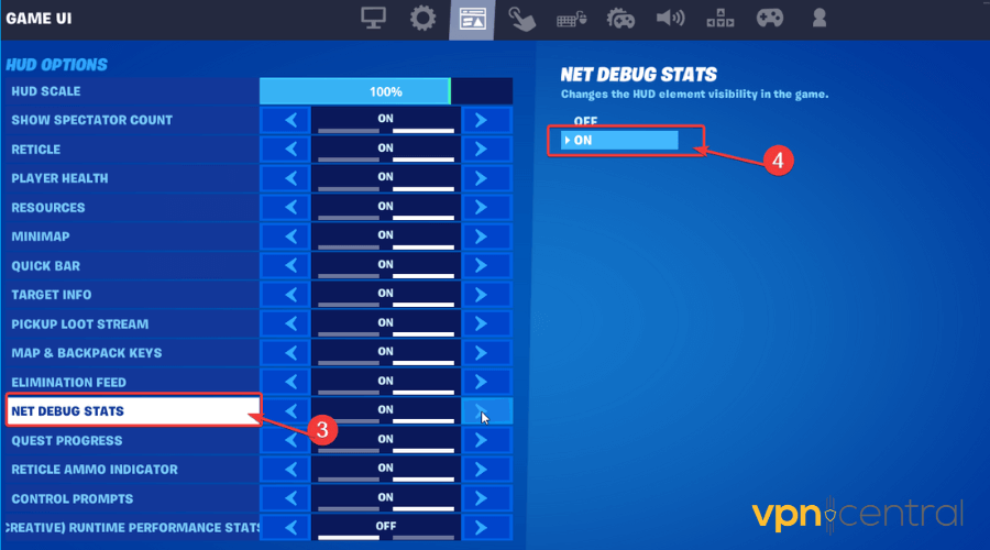 net debug stats set to on on in fortnite settings panel
