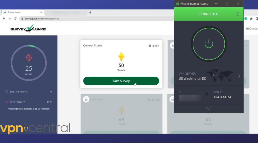 pia connected to us with survey junkie running