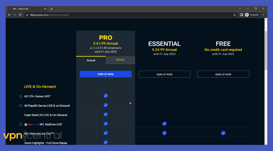 nfl game pass subscription types