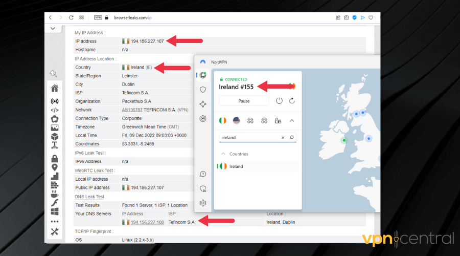 leak test results with nordvpn working