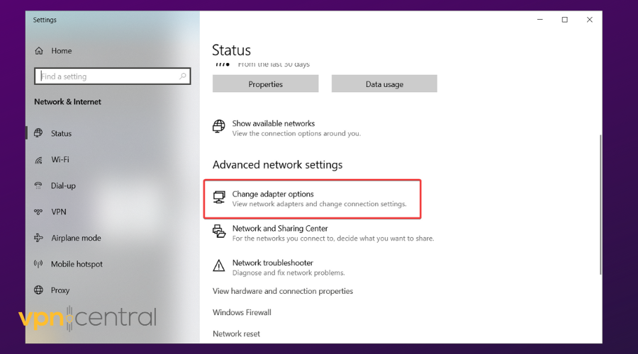 windows setting change adapter options