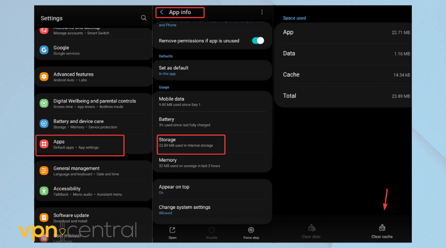 clear app cache on android