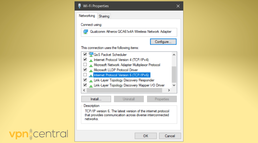 disable ipv6 on windows