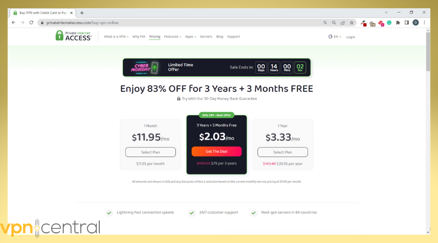 private internet access signup page on official website