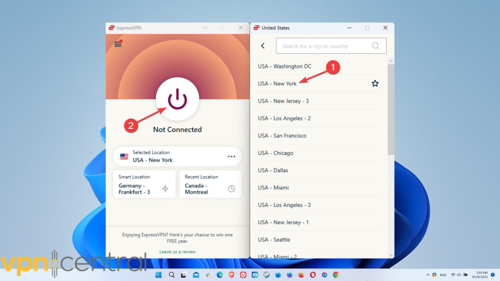 Choose a server in ExpressVPN app