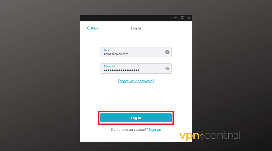 surfshark login window on windows