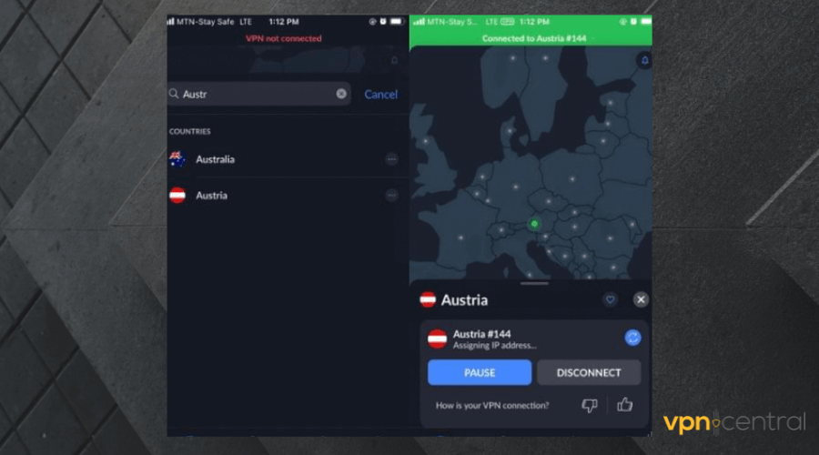 nordvpn connected to austria server on ios
