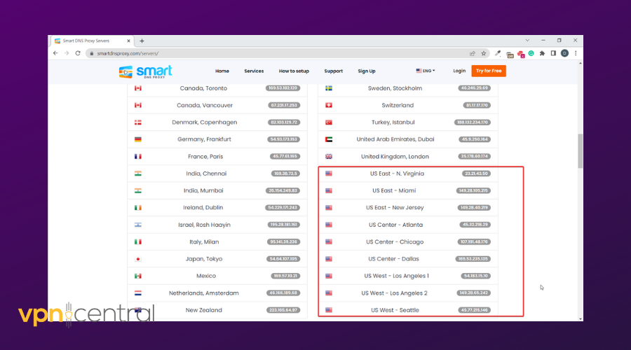 smart dns american server list