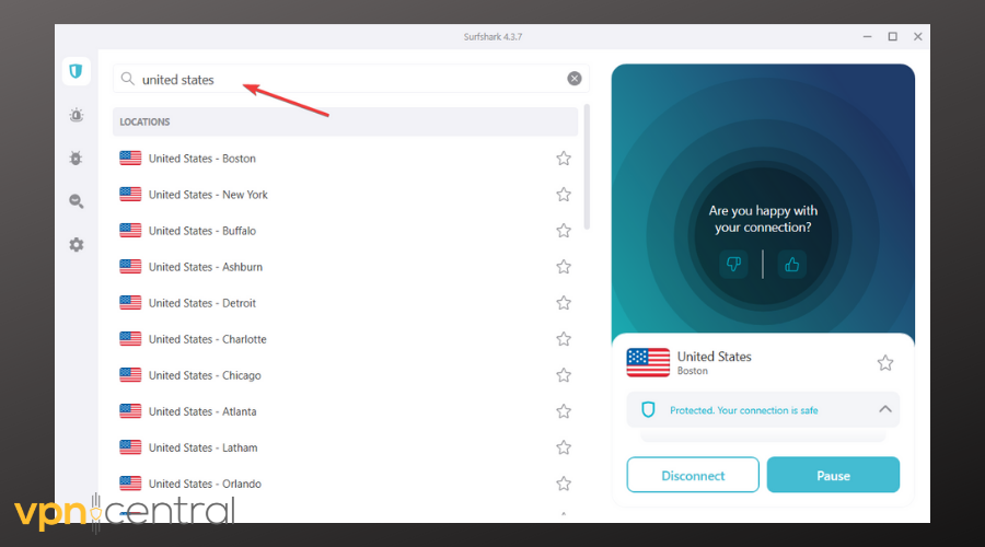 surfshark search for a server