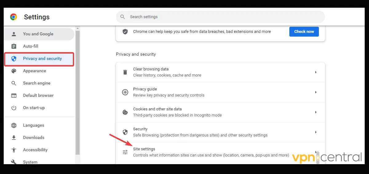 Google site settings