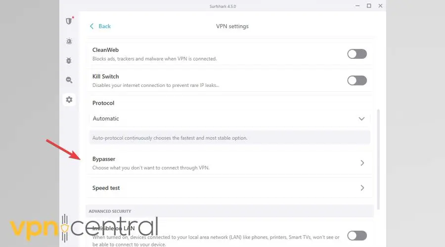 Surfshark Bypasser feature