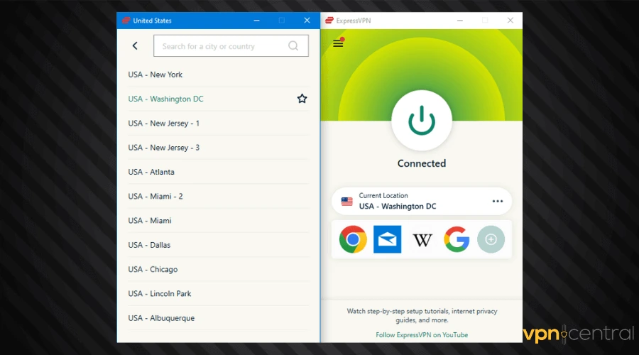expressvpn connected to washington dc