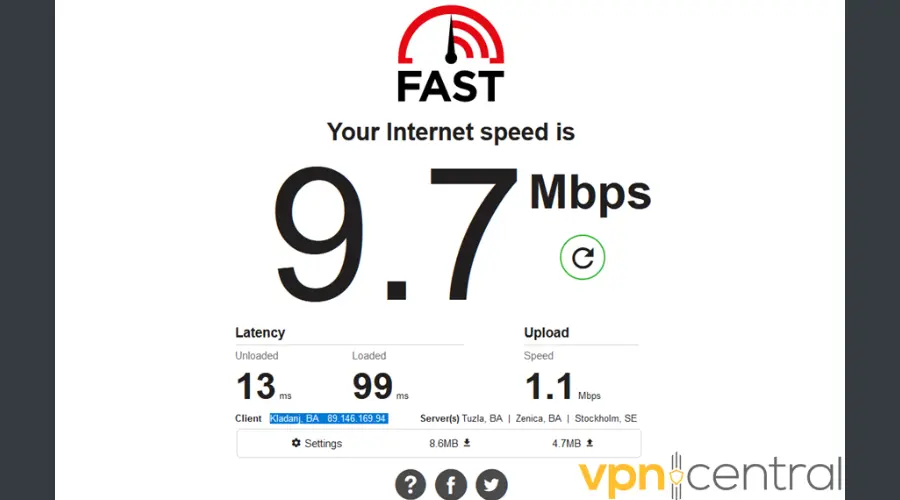 Internet Speed Test Benchmark result