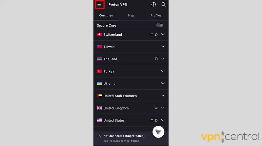 Proton VPN dashboard