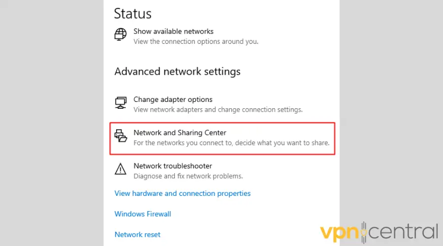 Windows Network and Sharing Center