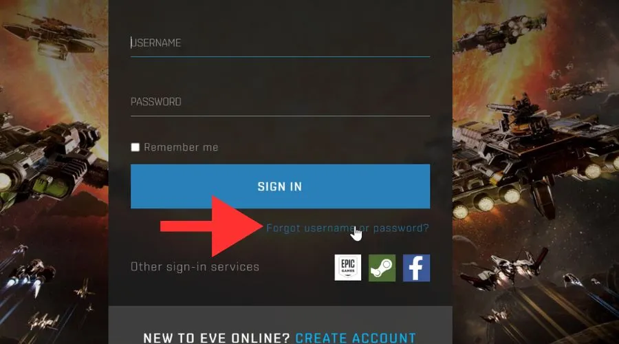 eve online forgot username or password