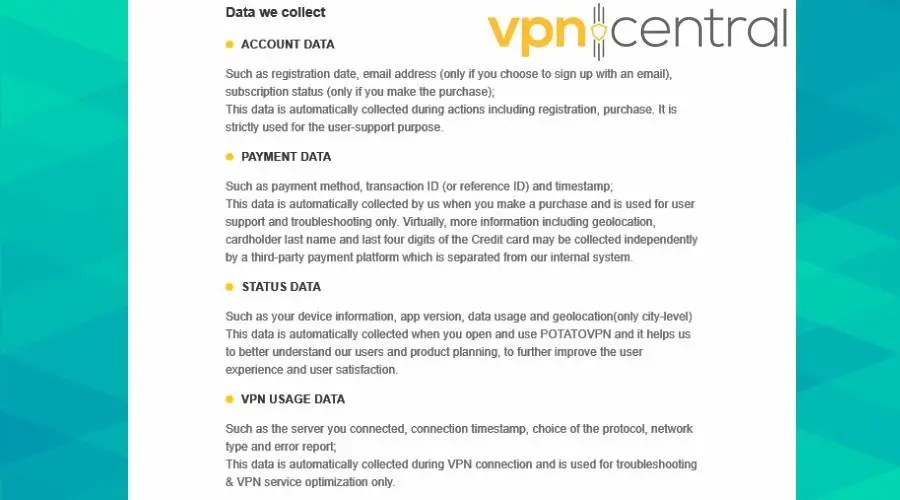 potatovpn privacy policy