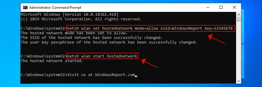 netsh wlan start hostednetwork