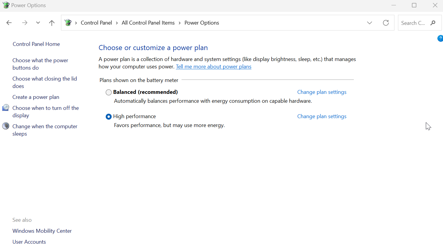 windows high performance power options