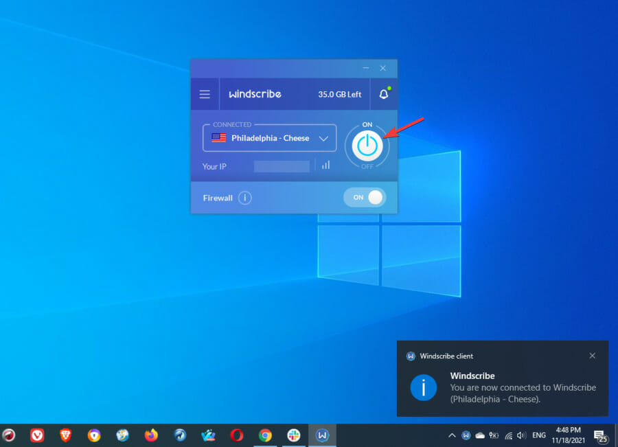 windscribe connected to philadelphia