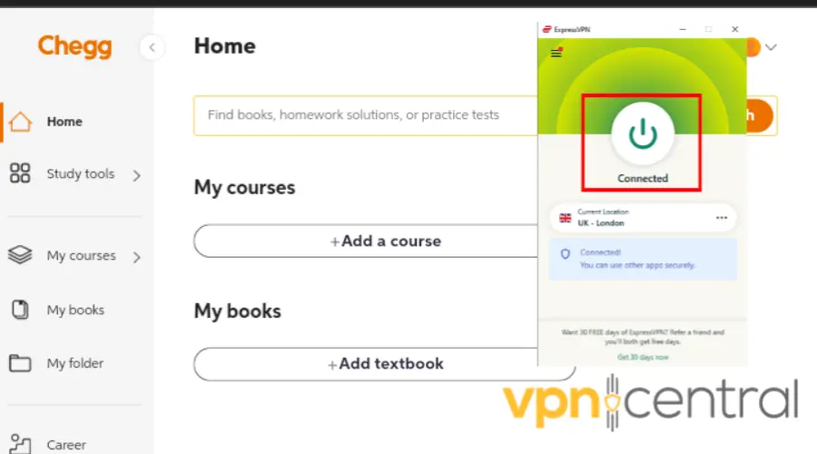 expressvpn running while using the chegg website
