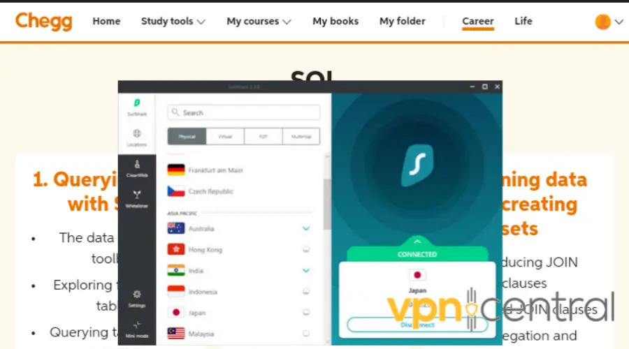 chegg working with surfshark vpn running