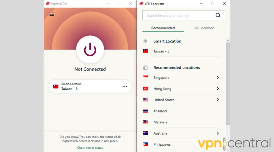 ExpressVPN server location options