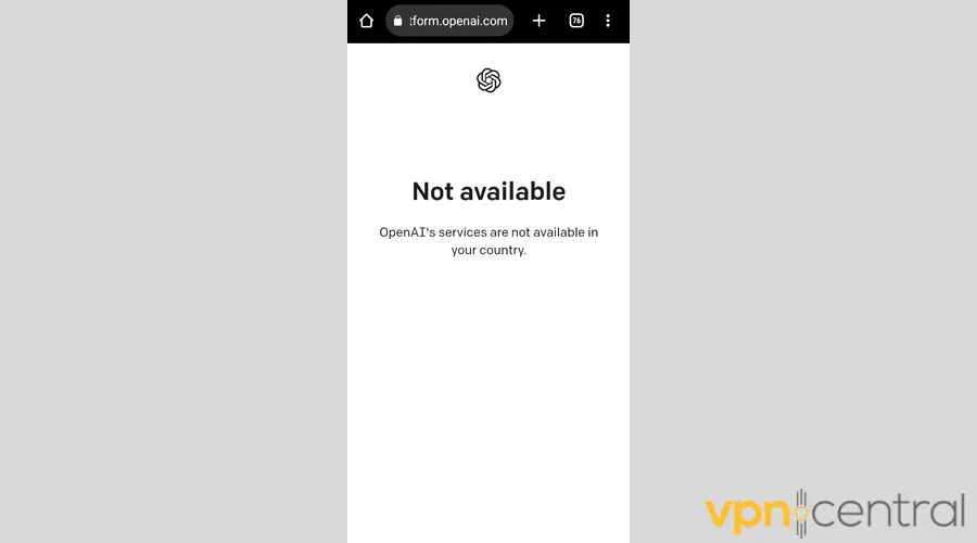 screenshot of OpenAI not available in your country error message on mobile