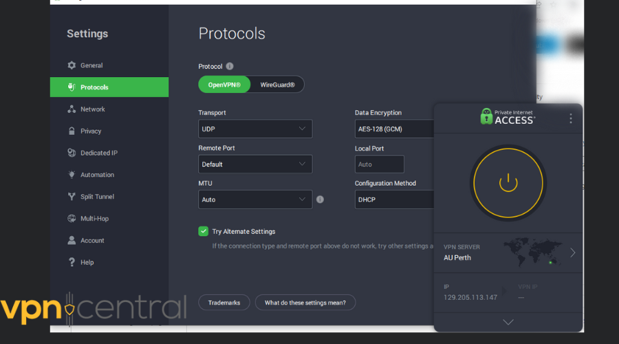 private internet access user interface