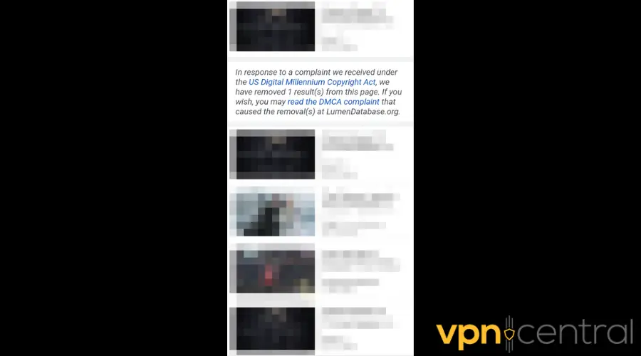 DMCA takedown message on Google SERPs