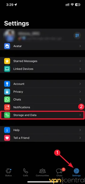 Entering Data Settings on WhatsApp