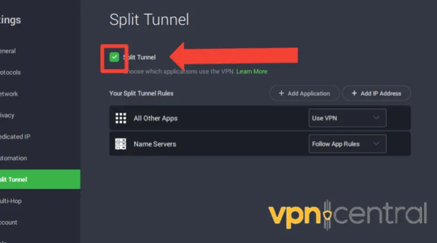 enable split tunneling pia