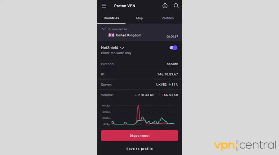 Proton VPN app interface