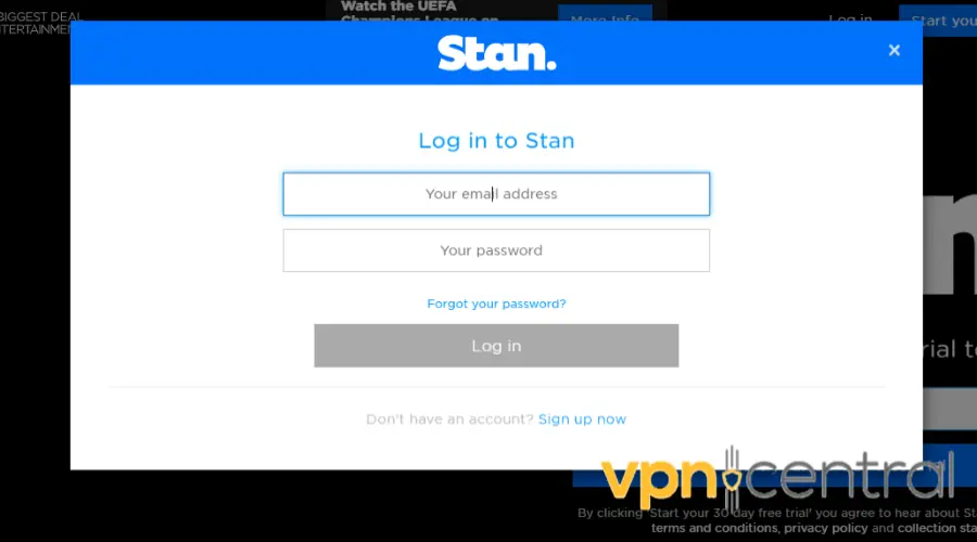 stan website login page