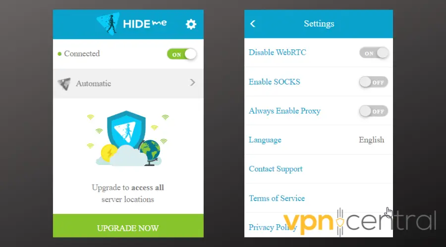 hide.me chrome extension user interface