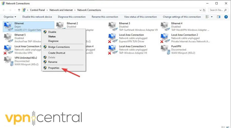 Network Connections menu