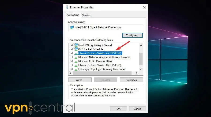 Ethernet Properties window