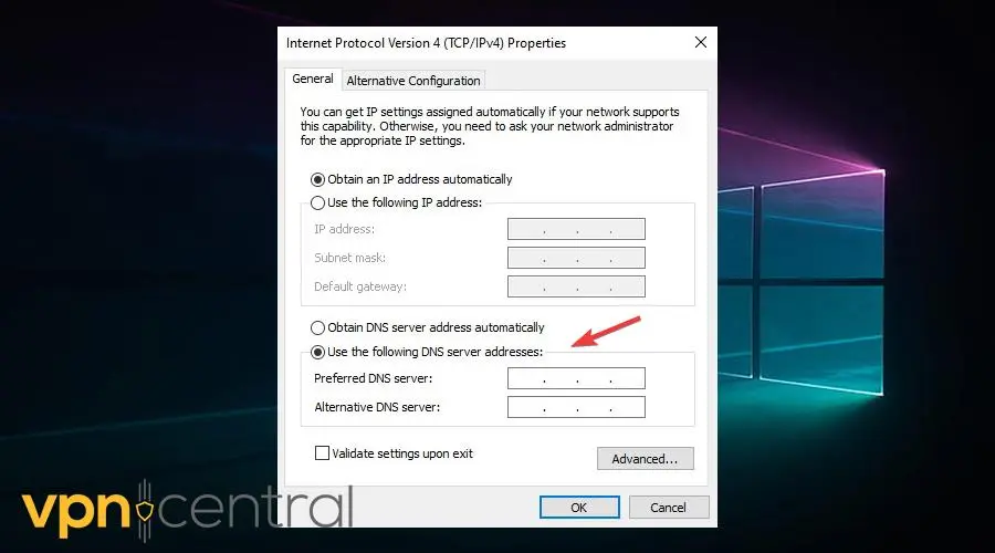 IPv4 Properties window