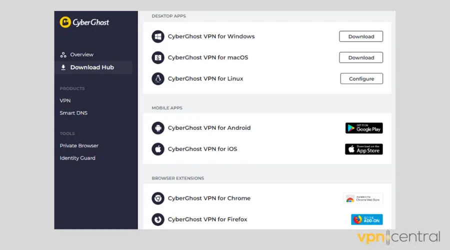 CyberGhost app options