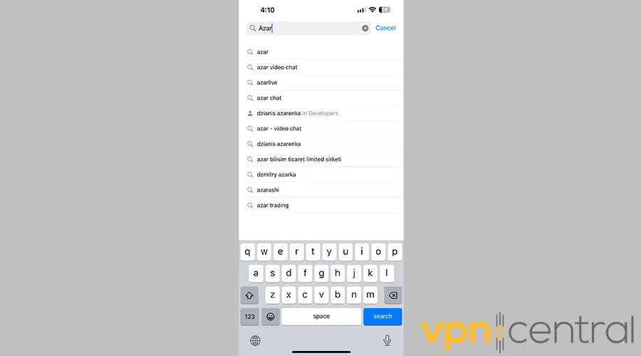 Searching for Azar app on App Store