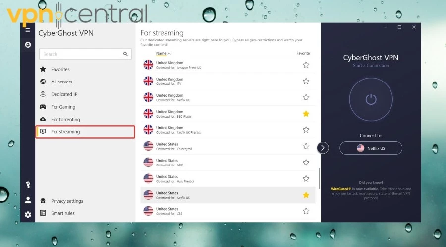 CyberGhost streaming servers