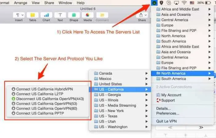 Starting from the icon on the top bar you can access Le VPN servers list